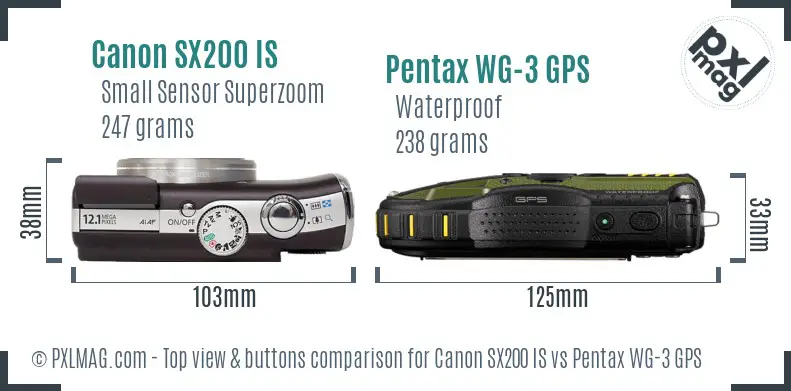 Canon SX200 IS vs Pentax WG-3 GPS top view buttons comparison