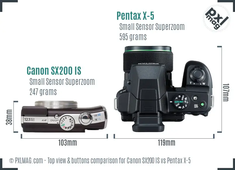 Canon SX200 IS vs Pentax X-5 top view buttons comparison