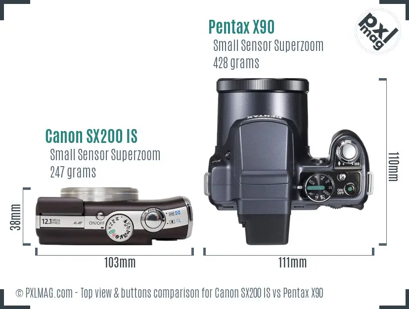 Canon SX200 IS vs Pentax X90 top view buttons comparison