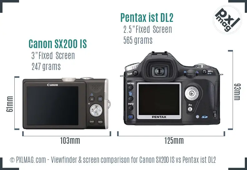 Canon SX200 IS vs Pentax ist DL2 Screen and Viewfinder comparison