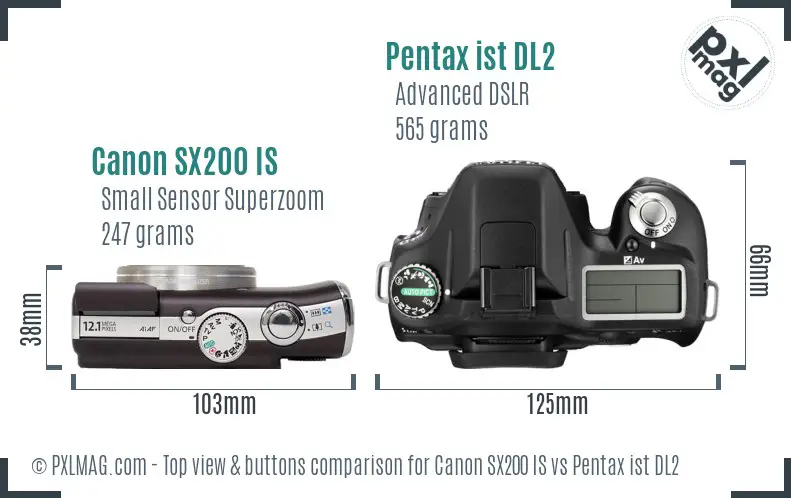 Canon SX200 IS vs Pentax ist DL2 top view buttons comparison