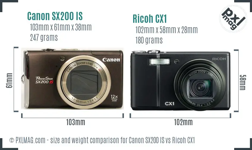 Canon SX200 IS vs Ricoh CX1 size comparison