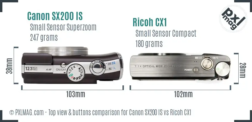 Canon SX200 IS vs Ricoh CX1 top view buttons comparison