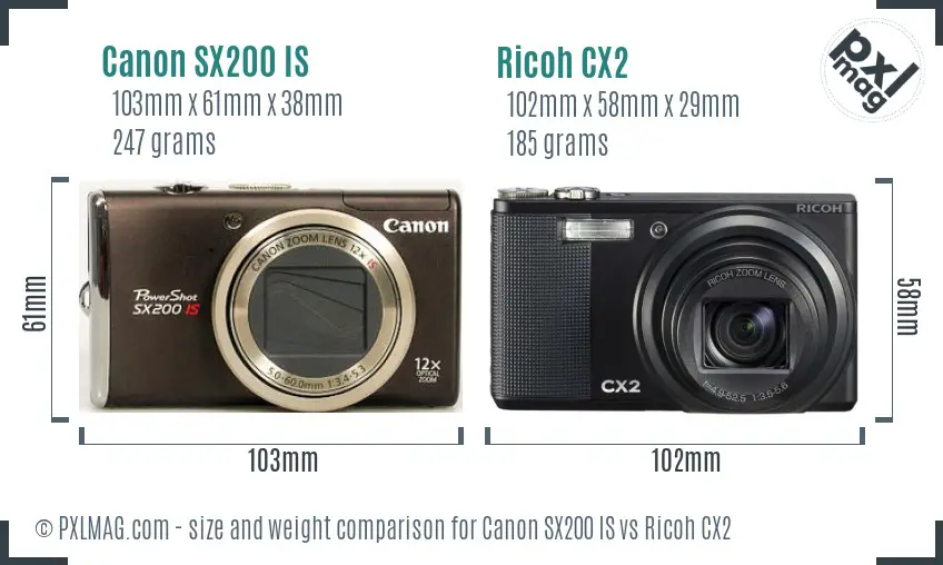 Canon SX200 IS vs Ricoh CX2 size comparison