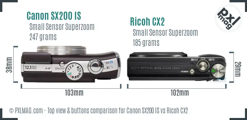 Canon SX200 IS vs Ricoh CX2 top view buttons comparison