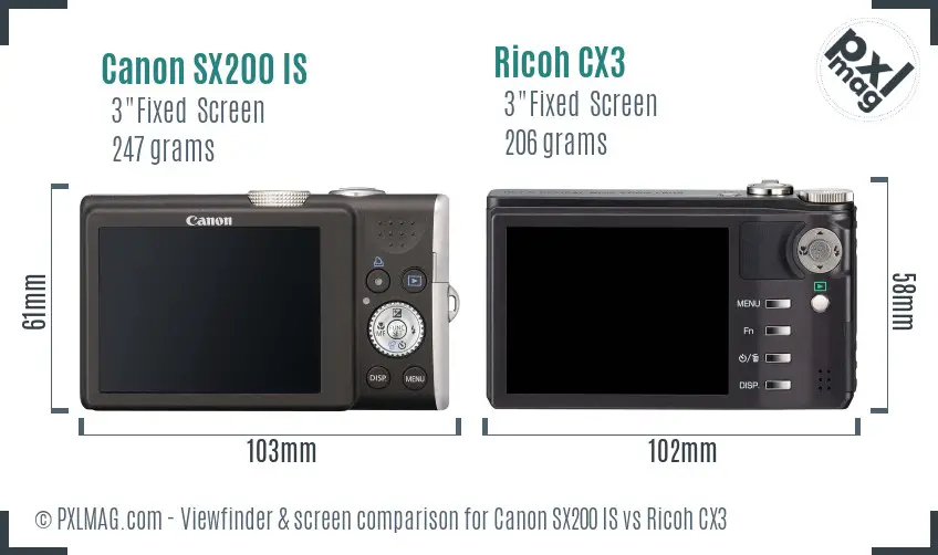 Canon SX200 IS vs Ricoh CX3 Screen and Viewfinder comparison