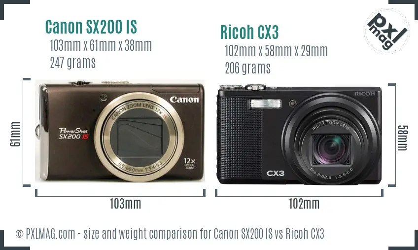 Canon SX200 IS vs Ricoh CX3 size comparison