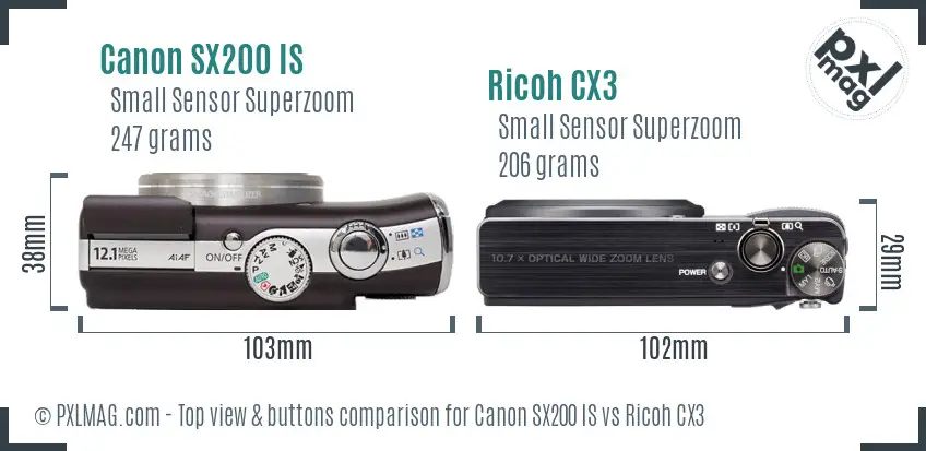 Canon SX200 IS vs Ricoh CX3 top view buttons comparison