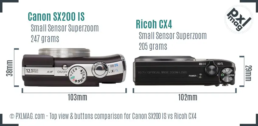 Canon SX200 IS vs Ricoh CX4 top view buttons comparison