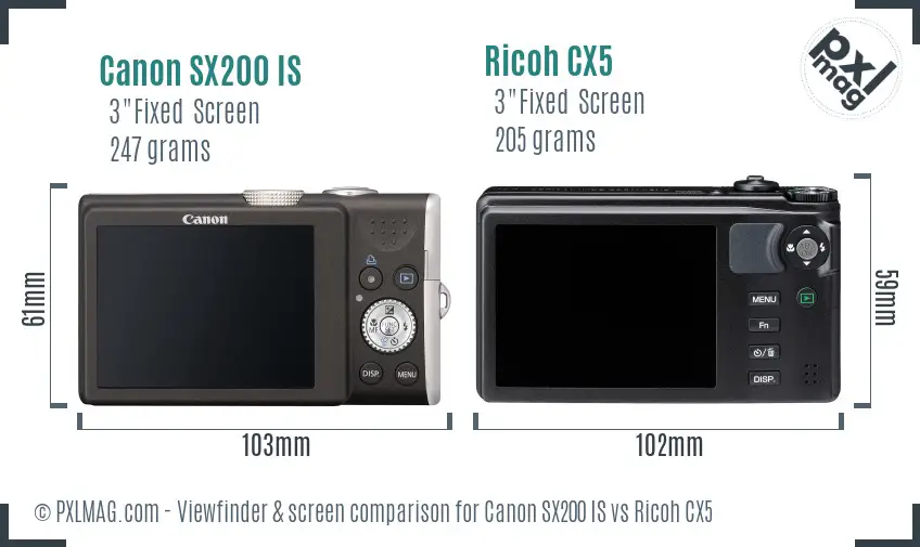 Canon SX200 IS vs Ricoh CX5 Screen and Viewfinder comparison