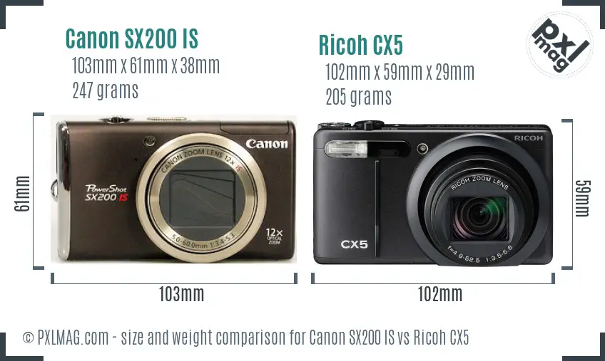 Canon SX200 IS vs Ricoh CX5 size comparison