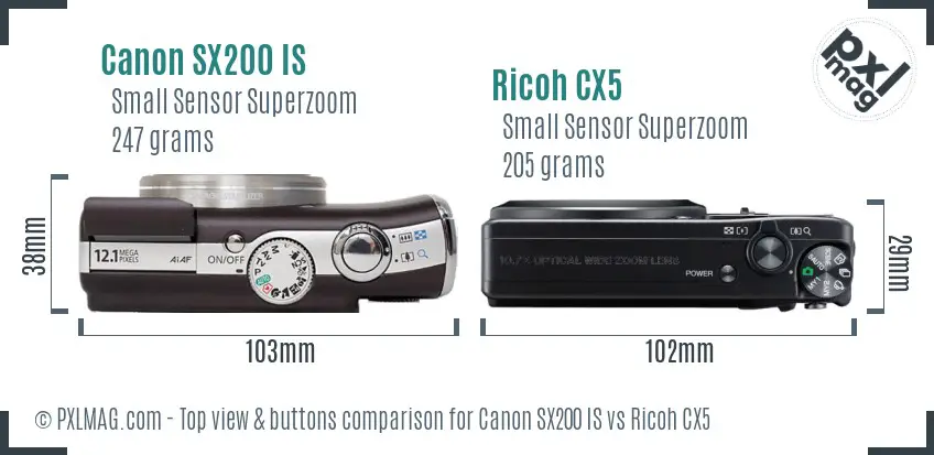 Canon SX200 IS vs Ricoh CX5 top view buttons comparison