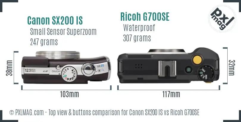 Canon SX200 IS vs Ricoh G700SE top view buttons comparison