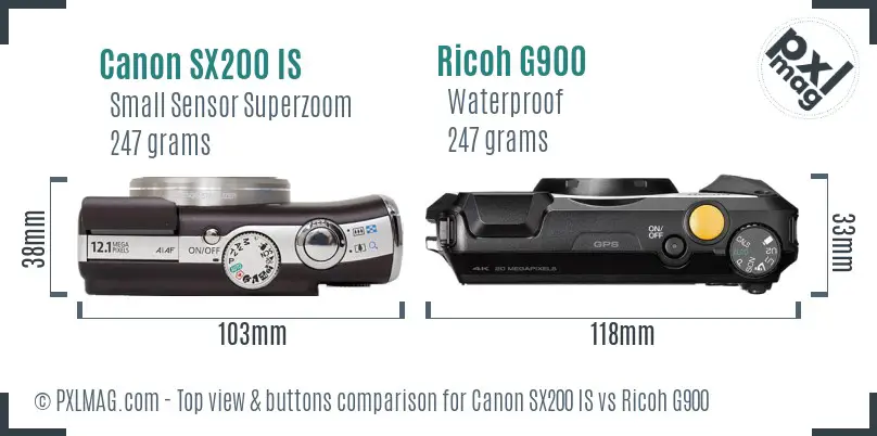 Canon SX200 IS vs Ricoh G900 top view buttons comparison