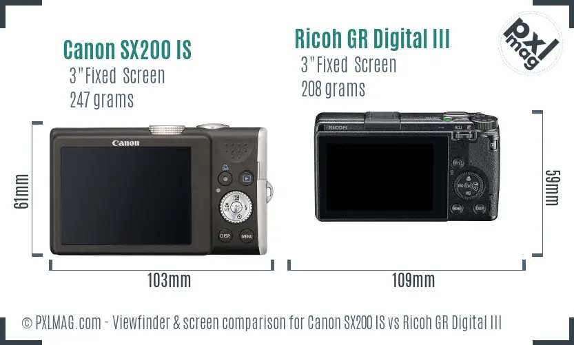 Canon SX200 IS vs Ricoh GR Digital III Screen and Viewfinder comparison