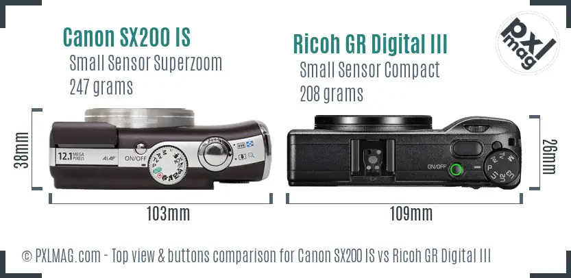 Canon SX200 IS vs Ricoh GR Digital III top view buttons comparison