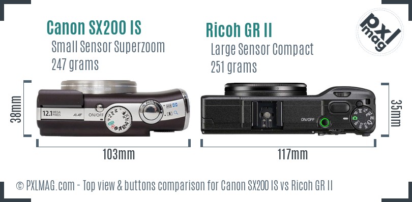 Canon SX200 IS vs Ricoh GR II top view buttons comparison