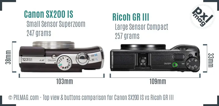 Canon SX200 IS vs Ricoh GR III top view buttons comparison