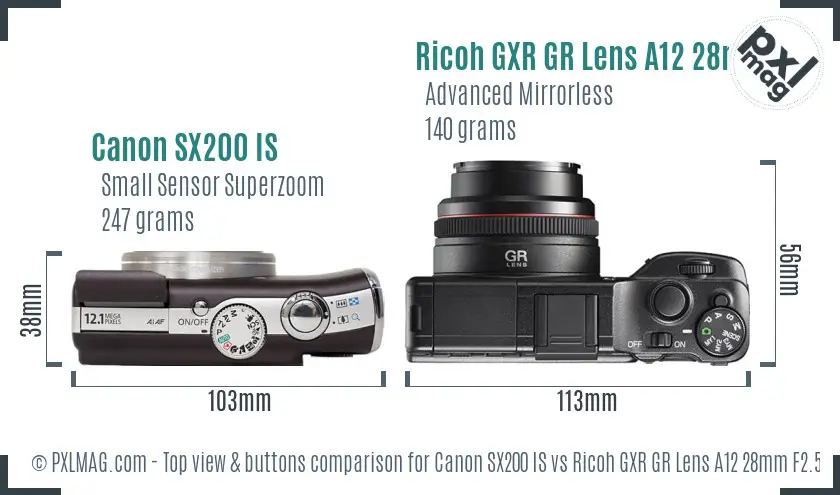 Canon SX200 IS vs Ricoh GXR GR Lens A12 28mm F2.5 top view buttons comparison Canon SX200 IS vs Ricoh GXR GR Lens A12 28mm F2.5 top view buttons comparison