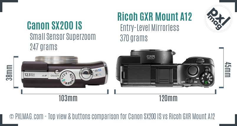 Canon SX200 IS vs Ricoh GXR Mount A12 top view buttons comparison