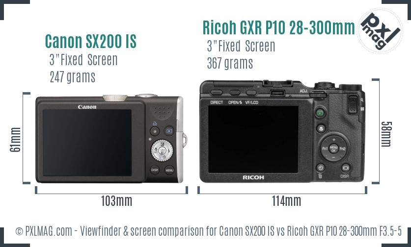 Canon SX200 IS vs Ricoh GXR P10 28-300mm F3.5-5.6 VC Screen and Viewfinder comparison