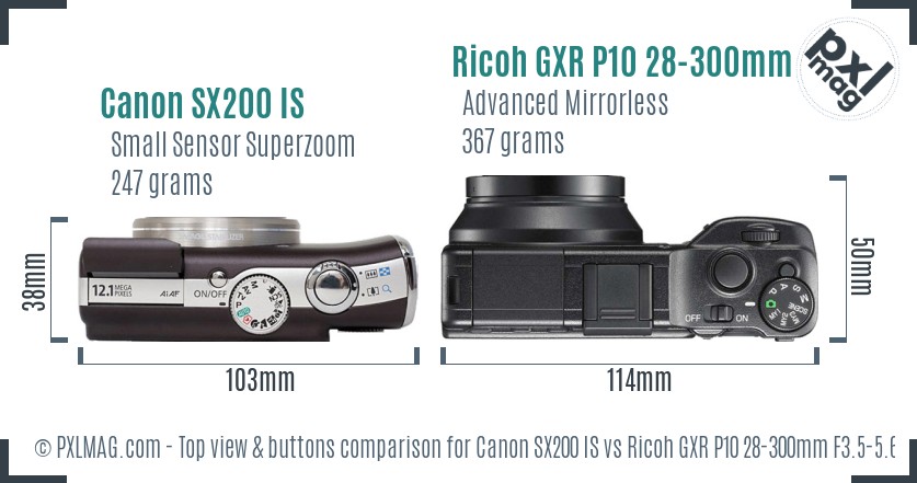 Canon SX200 IS vs Ricoh GXR P10 28-300mm F3.5-5.6 VC top view buttons comparison