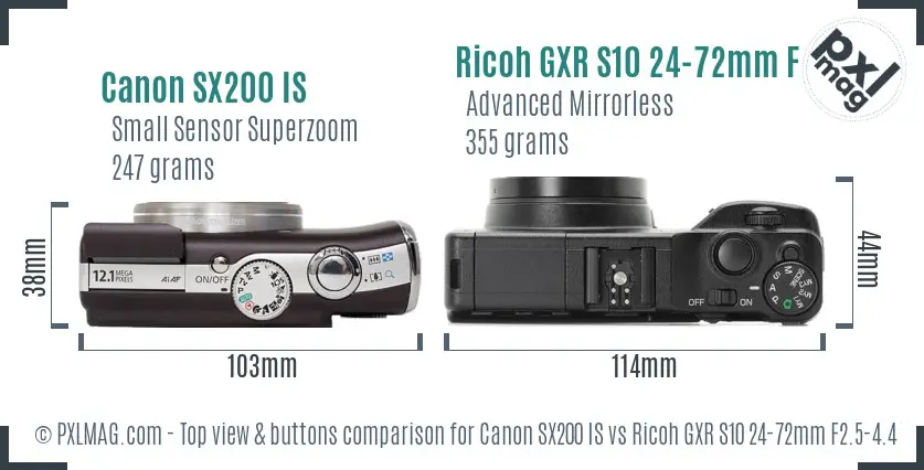 Canon SX200 IS vs Ricoh GXR S10 24-72mm F2.5-4.4 VC top view buttons comparison