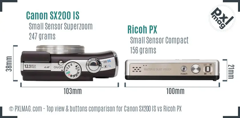 Canon SX200 IS vs Ricoh PX top view buttons comparison