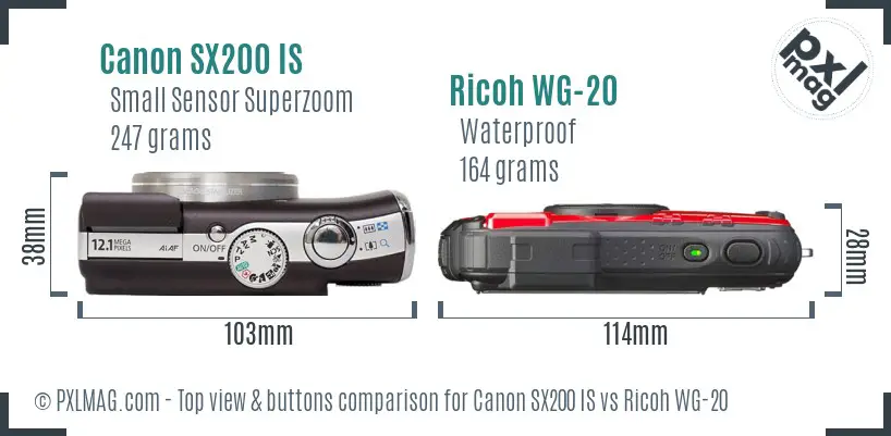 Canon SX200 IS vs Ricoh WG-20 top view buttons comparison Canon SX200 IS vs Ricoh WG-20 top view buttons comparison