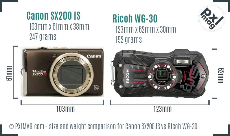 Canon SX200 IS vs Ricoh WG-30 size comparison