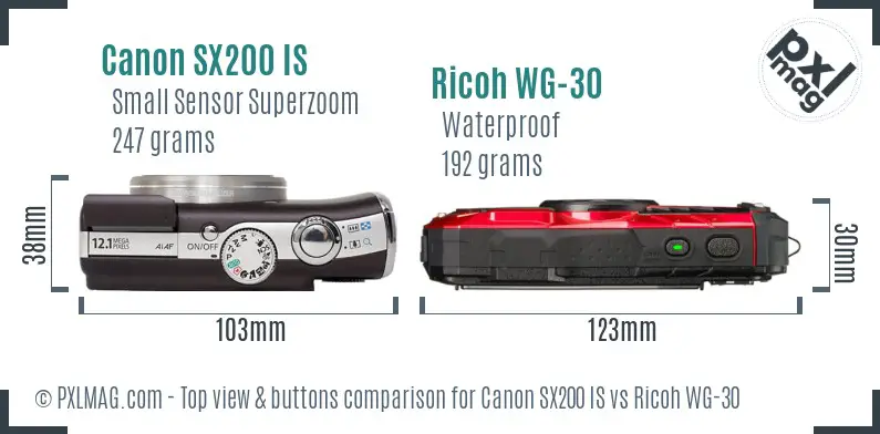 Canon SX200 IS vs Ricoh WG-30 top view buttons comparison