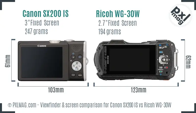 Canon SX200 IS vs Ricoh WG-30W Screen and Viewfinder comparison