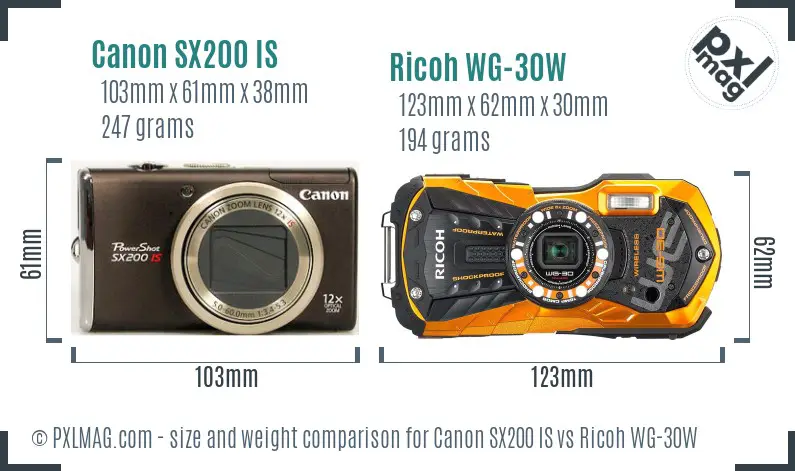 Canon SX200 IS vs Ricoh WG-30W size comparison