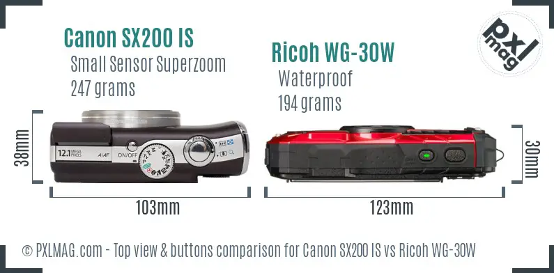 Canon SX200 IS vs Ricoh WG-30W top view buttons comparison