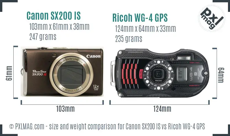 Canon SX200 IS vs Ricoh WG-4 GPS size comparison Canon SX200 IS vs Ricoh WG-4 GPS size comparison