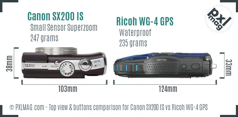 Canon SX200 IS vs Ricoh WG-4 GPS top view buttons comparison Canon SX200 IS vs Ricoh WG-4 GPS top view buttons comparison
