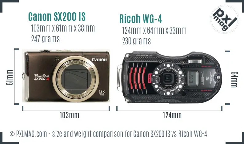 Canon SX200 IS vs Ricoh WG-4 size comparison