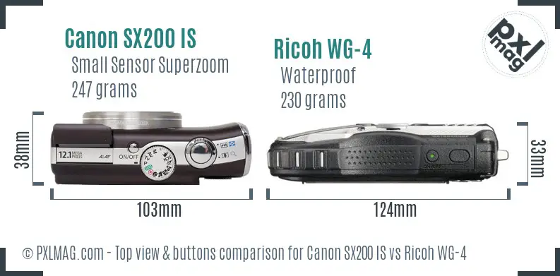 Canon SX200 IS vs Ricoh WG-4 top view buttons comparison