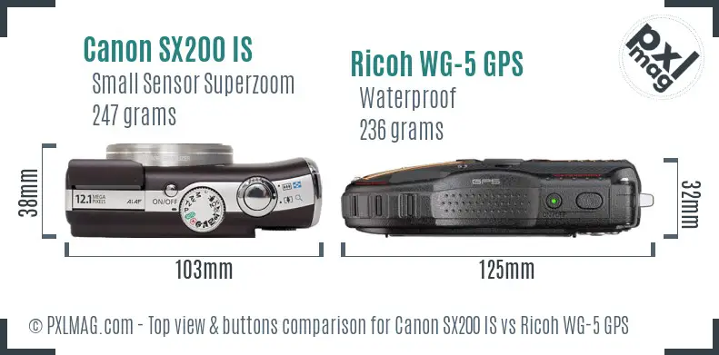 Canon SX200 IS vs Ricoh WG-5 GPS top view buttons comparison