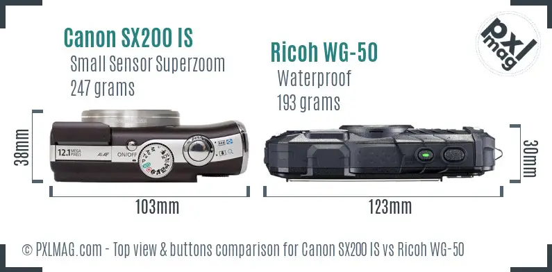 Canon SX200 IS vs Ricoh WG-50 top view buttons comparison Canon SX200 IS vs Ricoh WG-50 top view buttons comparison