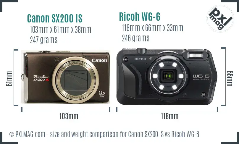 Canon SX200 IS vs Ricoh WG-6 size comparison