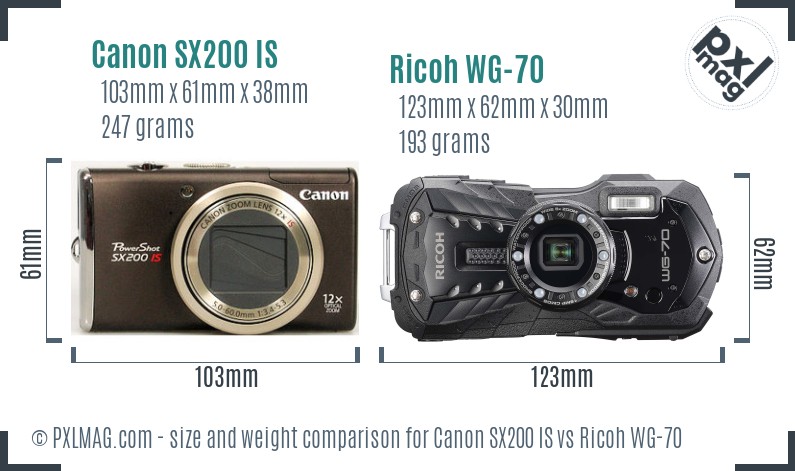 Canon SX200 IS vs Ricoh WG-70 size comparison