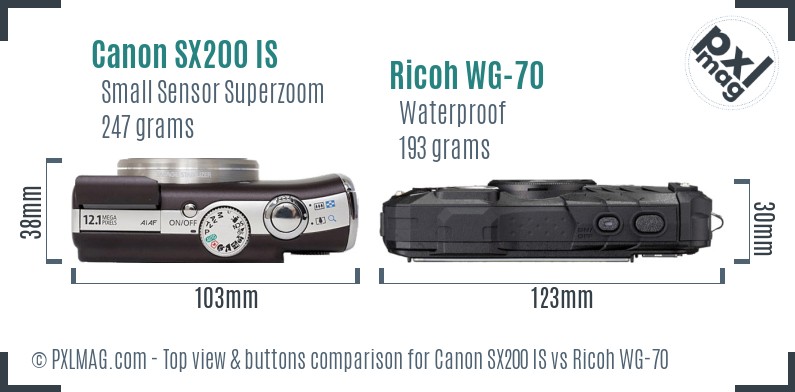Canon SX200 IS vs Ricoh WG-70 top view buttons comparison