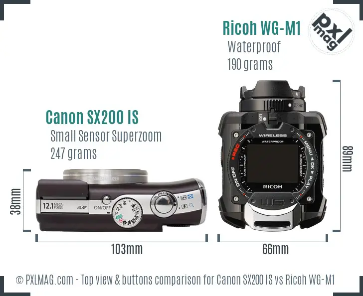 Canon SX200 IS vs Ricoh WG-M1 top view buttons comparison