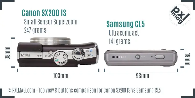 Canon SX200 IS vs Samsung CL5 top view buttons comparison Canon SX200 IS vs Samsung CL5 top view buttons comparison