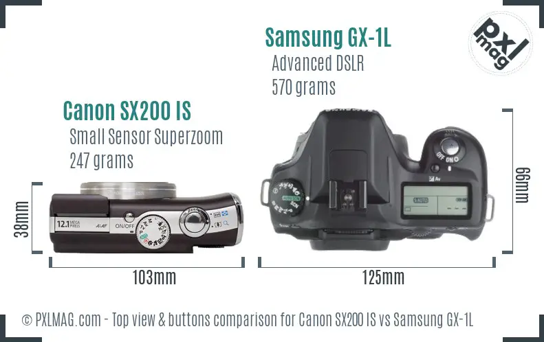 Canon SX200 IS vs Samsung GX-1L top view buttons comparison Canon SX200 IS vs Samsung GX-1L top view buttons comparison