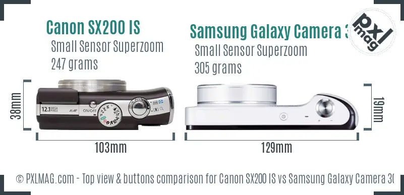 Canon SX200 IS vs Samsung Galaxy Camera 3G top view buttons comparison Canon SX200 IS vs Samsung Galaxy Camera 3G top view buttons comparison