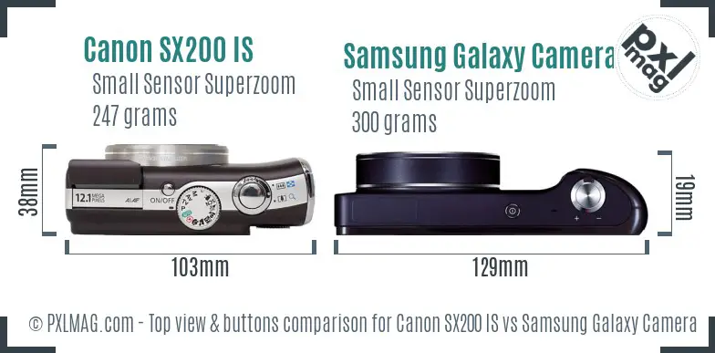 Canon SX200 IS vs Samsung Galaxy Camera top view buttons comparison