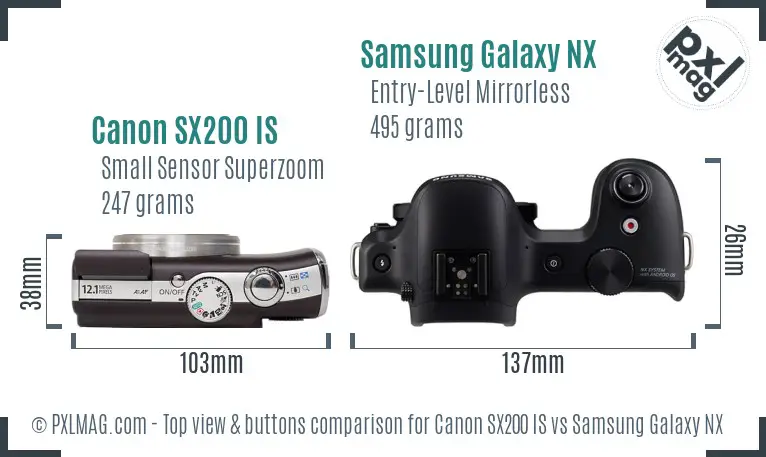 Canon SX200 IS vs Samsung Galaxy NX top view buttons comparison