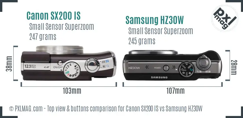 Canon SX200 IS vs Samsung HZ30W top view buttons comparison Canon SX200 IS vs Samsung HZ30W top view buttons comparison